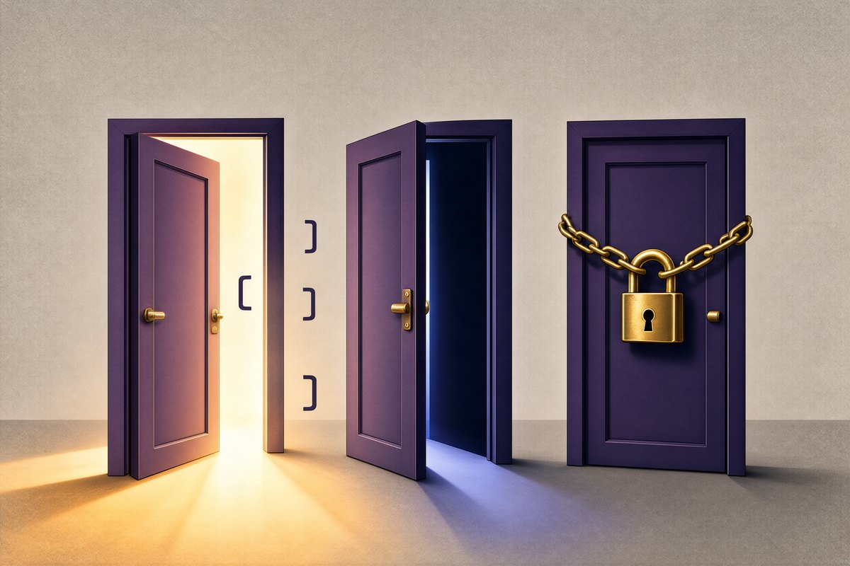Three doors in a row: the first wide open with warm light, the second half open with a thin strip of cool light, the third chained and padlocked with no light